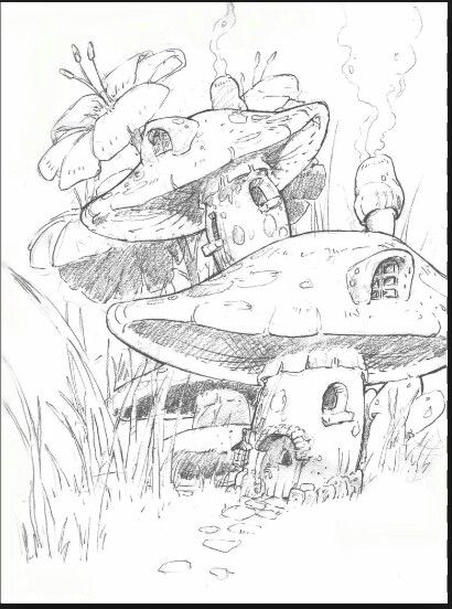 mushroom houses Tree House Drawing, Skitse Bog, Mushroom Houses, Fairy Tree Houses, Fairy Drawings, Mushroom Drawing, House Sketch, Fairy Tree, Fantasy Drawings