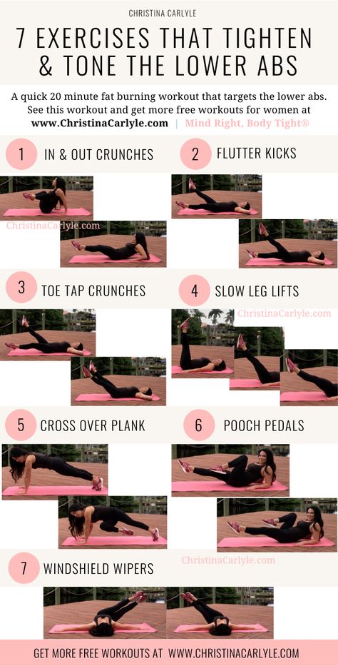 Exercises that get rid of lower belly pooch fat. This quick and easy ab routine will help you burn belly flat and get a tight toned stomach in 20 minutes tops. See the lower belly pooch workout on the blog here: https://christinacarlyle.com/exercises-get-rid-lower-belly-fat/ Christina Carlyle, Pooch Workout, Lower Belly Pooch, Belly Pooch Workout, Workout Fat Burning, Sixpack Workout, Lower Belly Workout, Belly Pooch, Fitness Routines