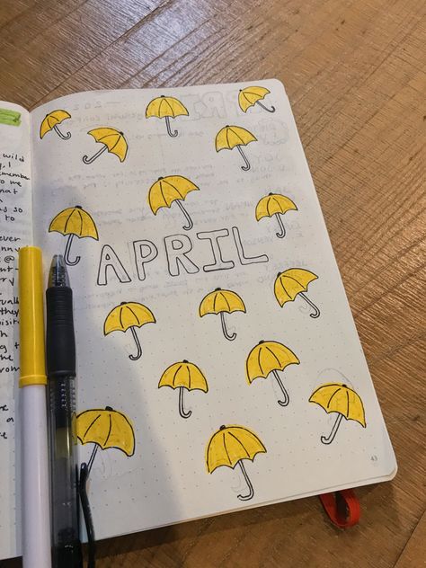 April // bujo // inspiration // yellow // spring // may // umbrella // showers // diary // design // art // cover // rain // page // handwriting // journal Bujo April Theme, Umbrella Bullet Journal, April Drawings, April Bujo Cover, April Bullet Journal Cover, Handwriting Journal, Bolt Journal, April Bujo, Calendar Doodles