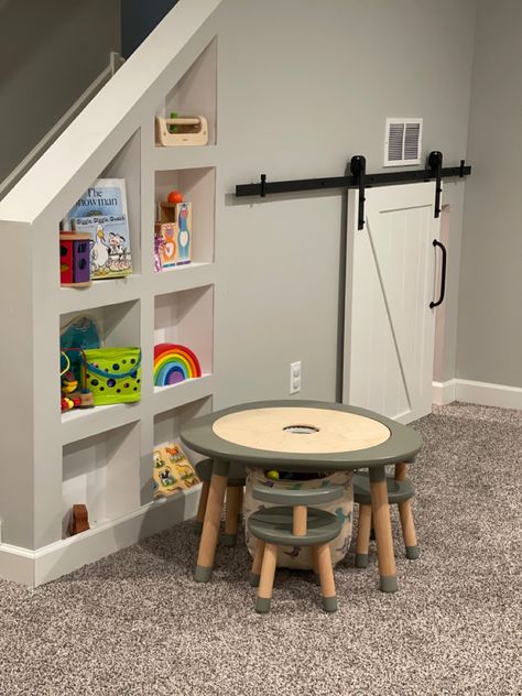 Split Level Finished Basement Ideas, Sheetrock Shelves, Crawl Space Play Area, Built In Shelves Under Stairs, Crawl Space Playroom, Under Steps Play Area, Under Stairs Reading Nook Kids, Under Stair Play Area, Under Stairs Kids Space