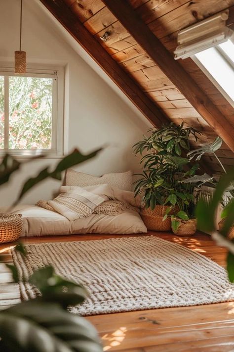 Attic Meditation Spot: Tranquil Areas Attic Chill Room Ideas, Yoga Attic Space, Attic Decor Ideas, Attic Art Studio Space, Attic Meditation Room, Biophilic Design Home, Home Yoga Room Ideas Meditation Space, Meditation Living Room, Witchy Attic