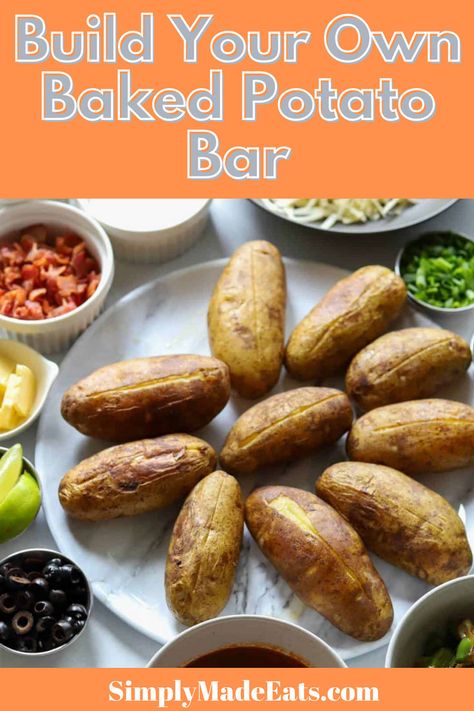 Baked potatoes with tons of toppings on the side. Baked Potato Bar Ideas Toppings, Baked Potato Bar Ideas, Loaded Baked Potato Bar, Potato Bar Party, Potato Bar Ideas, Baked Potato Bar Toppings, Potato Bar Toppings, Dutch Oven Chili Recipe, Dutch Oven Chili