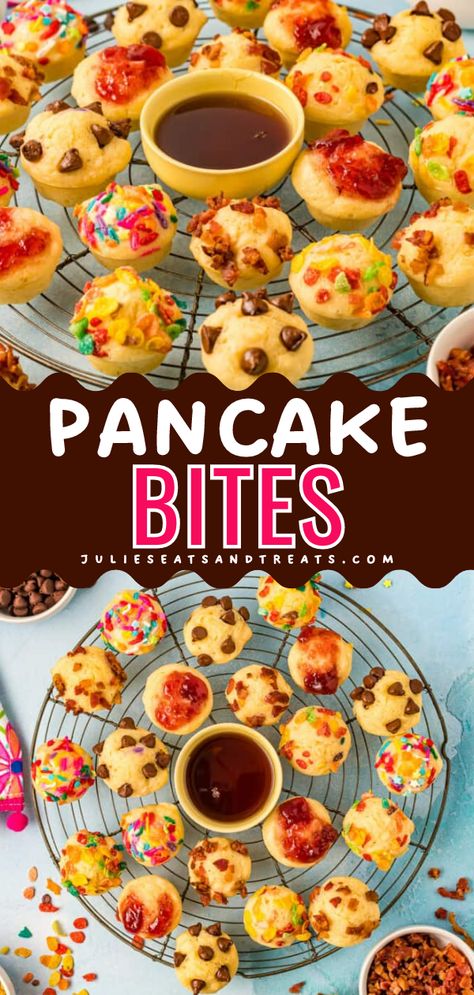 These bite-sized Pancake Bites are a delicious twist on traditional pancakes. Imagine fluffy pancake batter poured into a mini muffin tin, mixed with your favorite add-ins like juicy blueberries or chocolate chips. Mini Muffin Pancake Bites, Pancake Cake Pops, Muffins Out Of Pancake Batter, Krusteaz Pancake Mix Muffins, Pancake Bites Muffin Tins, Pancake Appetizer, Muffin Mix Waffles, Mini Pancake Bites, Pancake Poppers