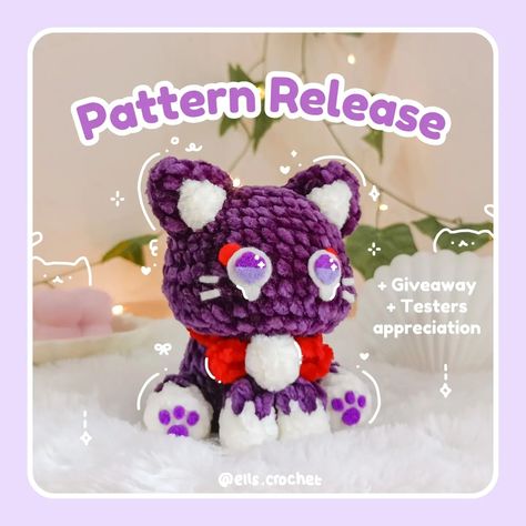 SCARAMEOW PATTERN RELEASE 𓆩💜𓆪 + giveaway [closed] + testers appreciation 📌 ‼️ The pattern is currently unavailable because there's an issue with my paypal that's connected to my ko-fi. I'll let you know in my story and bio once it's available again 🫶🏻 ┊ ⁭*ੈ✩ ✧. ┊ ⁭ ↳ “ surprise! it's valentine's day 💌 ” ⁺˖ ⸝⸝ i finally got to drop the pattern of this lovely purple baby~ /ᐠ - ˕ •マ˚₊ tysm for showering my scarameow with so much love!! so grateful for my talented testers too for helping me im... Crochet Images Pictures, Crochet For Valentines Day, Scaramouche Crochet, I Purple You, Purple Crochet Ideas, Genshin Crochet, Crochet Wallpaper, Cute Crochet Patterns, Crochet Pattern Cat