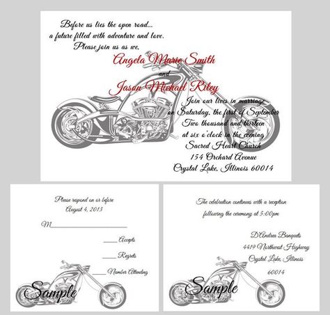 Red N White Wedding, Harley Davidson Party Ideas, Harley Davidson Wedding Ideas, Biker Wedding Theme, Motorcycle Wedding Invitations, Biker Wedding Ideas, Harley Davidson Party, Motorcycle Cards, Legendary Ride