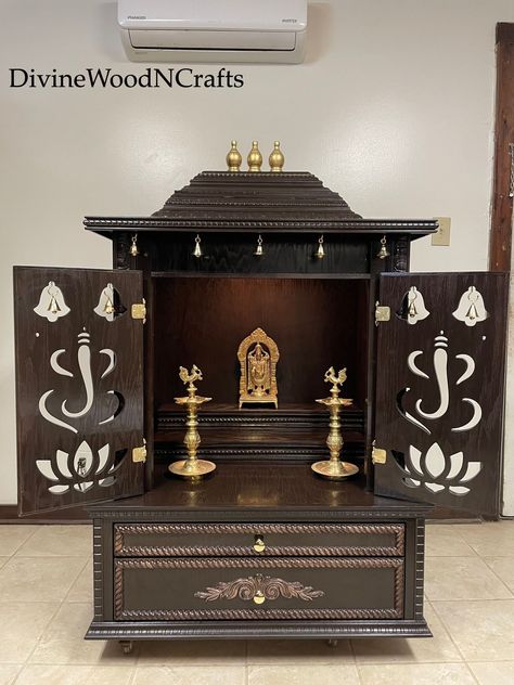 Pooja Mandir Modern Home, Wooden Puja Room Design Indian, Pooja Room Wooden Single Door Design, Wooden Mandir Design Puja Room, Portable Pooja Mandir, Pooja Mandir Wooden, Mission Style Living Room, Wooden Temple For Home, Pooja Mandir