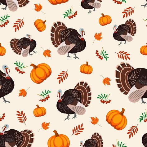 Turkey bird, pumpkin, leaves and berries seamless pattern for Thanksgiving holiday. Cartoon background for wallpaper, packaging, wrapping and background. Bird Pumpkin, Background For Wallpaper, Turkey Bird, Holiday Cartoon, Pumpkin Leaves, For Wallpaper, Thanksgiving Holiday, Cartoon Background, Logo Banners