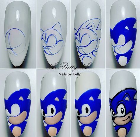 Sonic Nail Designs, Sonic The Hedgehog Nail Art, Sonic Nails Art, Sonic The Hedgehog Nails, Cartoon Nail Art Step By Step, Character Nail Art Step By Step, Sonic Nails, Cartoons Nails, Cartoon Nail Designs