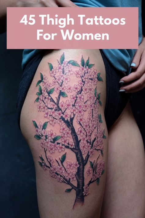 Thigh tattoo of a cherry blossom tree with pink flowers. Full Thigh Tattoo Women, Hips Tattoo Women Side, Best Thigh Tattoos, Thigh Band Tattoo, Feminine Thigh Tattoos, Thigh Tattoos For Women, Thigh Tattoo Ideas, Floral Hip Tattoo, Garter Tattoo