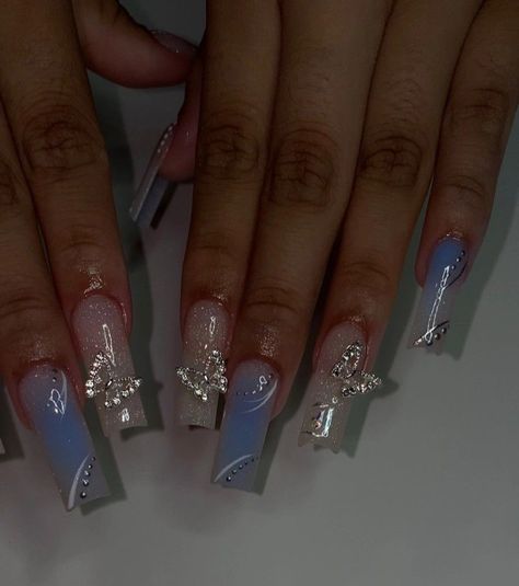 Acrylic Nails Blue And Silver, Blue And White Nails Square, Cinderella Themed Nails, Light Blue Coquette Nails, Light Blue Butterfly Nails, Light Blue Nails Prom, Cinderella Nails Acrylic, Baby Blue Prom Nails, Blue Hello Kitty Nails