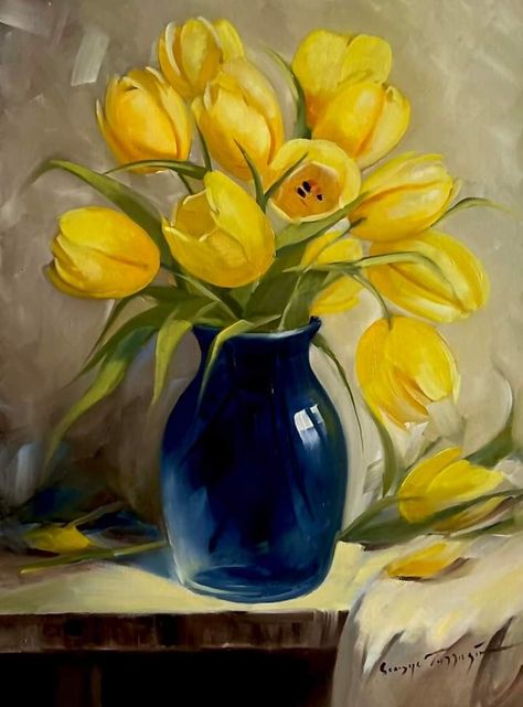 Beautiful Flower Paintings, Objects To Paint, Tulip Flower Arrangements Vase, Oil Painting Flowers Modern, Flower Painting Tulip, Flowers In Vase Painting Acrylic Easy, Tulips In Vase Drawing, Tulip Flower Painting Acrylic, Tulip Still Life Painting