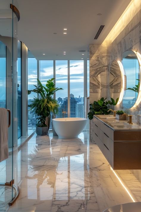 Indulge in luxury with this modern bathroom featuring sleek marble flooring, a chic vanity with gold fixtures, and a stunning cityscape view. The elegant free-standing bathtub, clear glass shower, and lush greenery create a serene oasis in the heart of the city. Experience opulence at its finest. #LuxuryBathroom #ModernDesign #CityscapeView Modern House Bathroom, Penthouse Apartment Aesthetic Bathroom, Dream Apartment Nyc, Penthouse Bathroom Luxury, Luxury Bathtub Aesthetic, Bathroom With City View, Nyc Penthouse Bathroom, Nyc Penthouse Luxury Bathroom, City Bathrooms