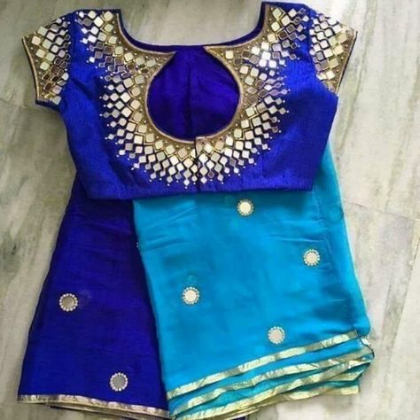 Blue Mirror Work Blouse With Back Round Neck Rajasthani Mirror Work, Mirror Blouse Design, Work Blouse Designs, Mirror Work Blouse Design, Pure Georgette Sarees, Mirror Work Blouse, Cutwork Blouse Designs, Blouse Designs Indian, Simple Blouse Designs