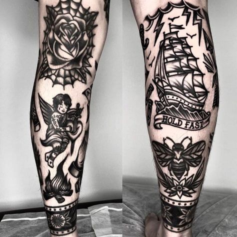 Annie Tattoo, Traditional Tattoo Leg Sleeve, Traditional Tattoo Black And White, Simple Compass Tattoo, Traditional Tattoo Woman, Traditional Hand Tattoo, 2023 Tattoo, Mens Tattoos, Traditional Black Tattoo