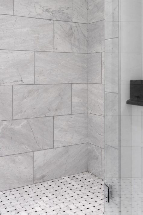 Grey Marble Bathroom Tiles, Lakeview House, Unfinished Basements, White Bathroom Tile, Colonial Bathroom, Tiny Bathroom Makeover, Small Bathroom With Tub, White Marble Shower, Grey Marble Bathroom