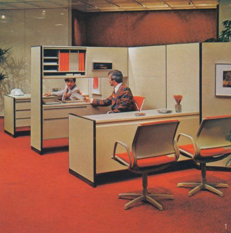 Steelcase 1975 | by Jeremy Jae Steelcase Office, 80s Interior, Red Space, 70s Interior, Retro Interior Design, Space Dividers, Retro Office, Yellow Chair, Retro Interior