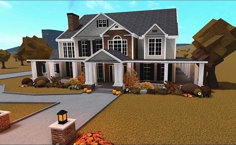 Cute Realistic Bloxburg House, Cosy Autumn Bloxburg House, Cozy Family Bloxburg House, Autumn Houses Exterior, Fall House Inspo Exterior, Autumn Themed Bloxburg House, Autumn Suburban House Bloxburg, Modern Fall House Exterior, House Layouts Suburban