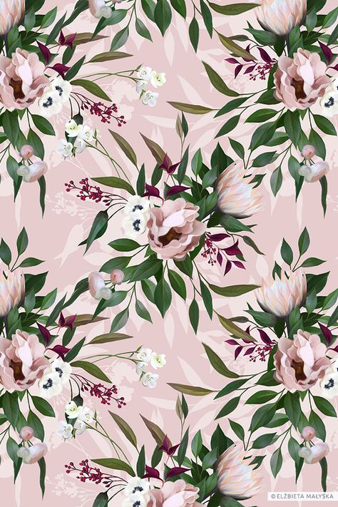 Floral romantic pattern composed of painted elements. Flowers contrast with the pink background. Feminine and delicate composition. Illustrated Painted Seamless Repeat Design. Repeatable Fabric Romantic Pattern, Flower Print Pattern, Repeat Design, Design Pattern Art, Floral Textile, Seamless Floral Pattern, Repeat Prints, Floral Drawing, Floral Prints Pattern