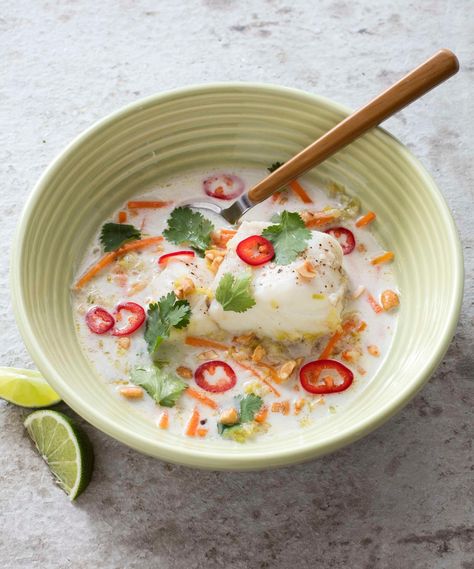 Perfectly poached fish in a Thai-style coconut, lemongrass, and ginger broth. Ginger Broth, Coconut Broth, Cooked Fish, Sweet Carrot, America's Test Kitchen Recipes, Coconut Soup, America's Test Kitchen, Cooks Illustrated, Ginger Recipes