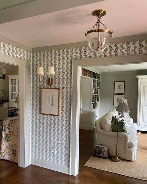 Welcome to FIG (@figdesigncompany) • Instagram photos and videos Sconces In Hallway Ideas, Southern Living Entryway, Sconces Up Staircase, Entryway With Sconces, Small Entryway Wallpaper Ideas, Close Off Doorway Ideas, Sconces In Hallway, Wallpaper Entry, Historic Remodel