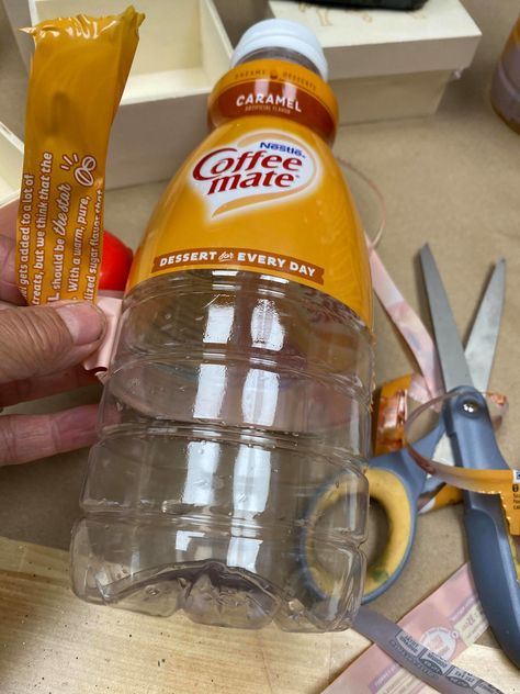 DIY Faux Milk Bottles - The Shabby Tree Coffee Creamer Bottle Crafts Halloween, Creamer Bottle Gnomes, Coffee Creamer Bottle Crafts Christmas, Creamer Bottle Crafts, Coffee Creamer Bottle Crafts, Coffee Creamer Bottles, Creamer Bottles, Maple Syrup Bottles, Nestle Coffee Mate