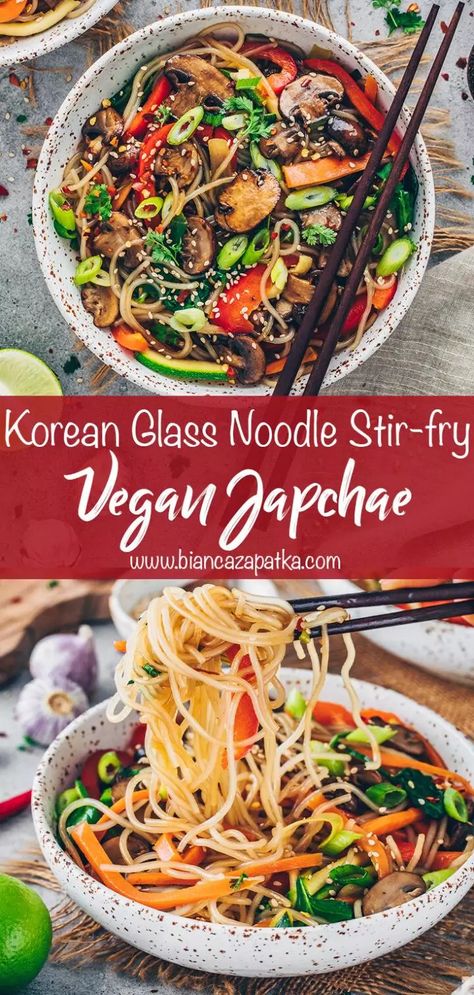 Glass Noodles Vegetarian, Japchae Vegan, Sweet Potato Glass Noodles Recipe, Vegan Japchae, Japchae Recipe Korean, Sweet Potato Glass Noodles, Potato Glass Noodles, Chili Ramen, Sweet Potato Noodles Recipe