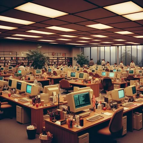 35mm photo of Apple's inc office, 80s photo vibes, 1980s photo made inside if apple's office 90s School Interior, 1970s Office Interior, 80s Technology Aesthetic, 60s Office Interior, Dmv Office, 80s Library, Computer Lab Aesthetic, 70s Aesthetic Office, Officecore Aesthetic