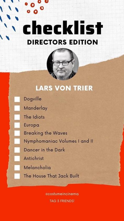 Checklist Directors Edition, Breaking The Waves, Dancer In The Dark, Lars Von Trier, List Challenges, Foreign Movies, Design Infographic, Great Movies To Watch, Best Director