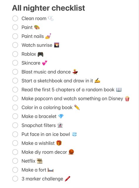 All Nighter Checklist, Preppy Checklist, All Nighter Ideas, Pulling An All Nighter, Sleepover Things, What To Do When Bored, Fun Sleepover Ideas, Sleepover Things To Do, All Nighter