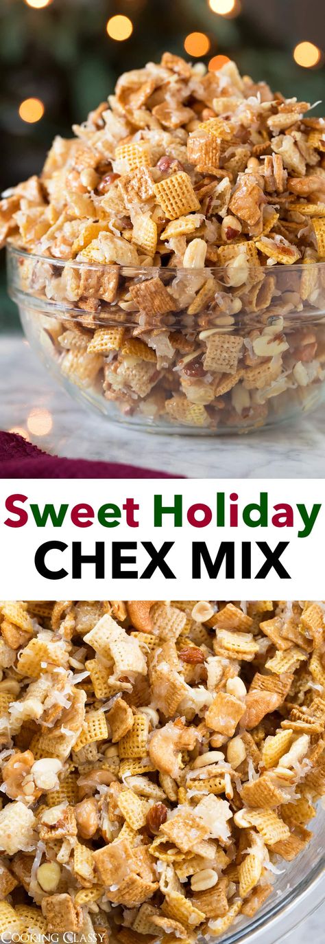 Sweet Holiday Chex Mix - this is a staple recipe at my house every Christmas season! It's perfect for gifts and parties, but be warned it's highly addictive! It's loaded with crunchy cereal, dotted with mixed nuts, and swirled with coconut. Then it's covered with an ooey gooey sweet and sticky coating. The best part - it couldn't be faster or easier to make. #chexmix #christmas #gift #treat #snack via @cookingclassy Sweet Chex Mix Recipes Christmas, Sweet And Salty Chex Mix Recipes, Chex Snacks, Xmas Snacks, Christmas Chex Mix, Popcorn Flavours, Sweet Appetizers, Chex Mix Recipes Sweet, Sweet Chex Mix