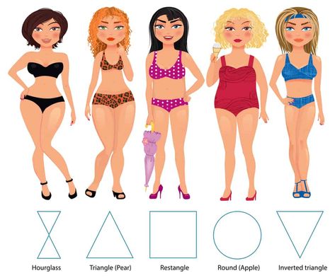 5 basic body shapes Body Type Diet, Plus Size Body Shapes, Body Shape Guide, Types Of Body Shapes, Body Types Women, Flattering Outfits, Inverted Triangle, Women Figure, Free Illustrations