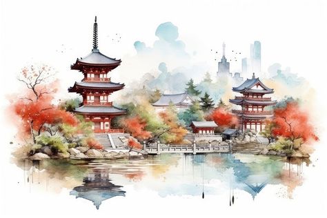 Outdoors Painting, Chinese Watercolor, Chinese House, History Architecture, Korean History, Painting Inspo, Plant Art, Download Free Images, Architecture Building