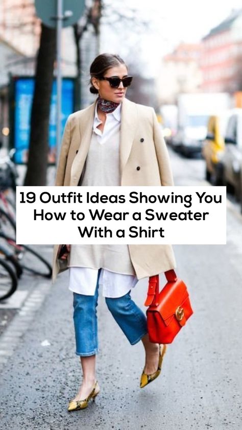 How To Wear An Oversized White Shirt, Long Shirt Under Sweater, Long White Collared Shirt Outfit, Button Down Shirt With Sweater, White Pullover Outfit Winter, Oversized White Shirt Outfit Winter, Blouse Under Sweater, Sweater And Collared Shirt Outfit, Collard Shirt Outfits