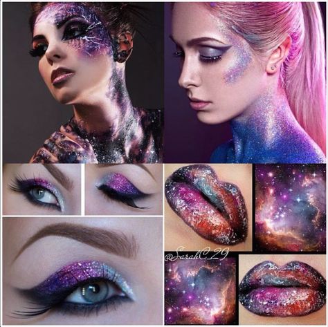 galaxy glitter makeup, lip art and eye makeup Makeup Effects, Galaxy Makeup, Theatrical Makeup, Lip Art, Glitter Makeup, Makeup Lip, Beautiful Makeup, Makeup Art, Body Painting