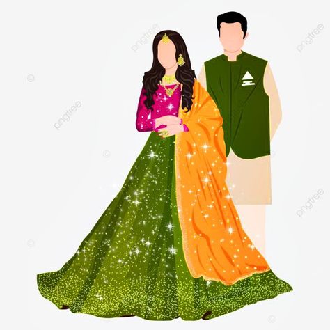 Mehndi Caricature, Groom Cartoon, Whatsapp Dps, Couple Illustration Wedding, Bride And Groom Cartoon, Mehndi Bride, Illustration Wedding, Mehndi Dress, Dress Illustration