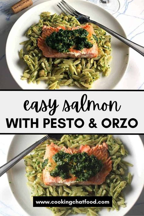 Simple Pesto Salmon with Orzo close up with a fork on a white plate. Orzo With Salmon, Salmon Orzo Recipe, Salmon With Orzo, Salmon With Pesto, Pesto Orzo, Pesto Salmon, Orzo Recipes, Seafood Recipes Healthy, Healthiest Seafood