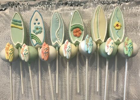 Surf Cake Pops, Beach Themed Cake Pops, Beach Cake Pops, Dog Retreat, Shaped Cake Pops, Surfboard Cake, Cake Sicles, Beach Dessert, Surf Cake