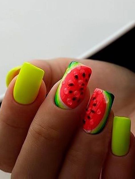 Watermelon Nail Ideas, Watermelon Nails Design, Melon Nails, Clay Watermelon, Fruity Nails, Watermelon Nail Designs, Watermelon Nail Art, Fruit Nail Designs, Fruit Nails