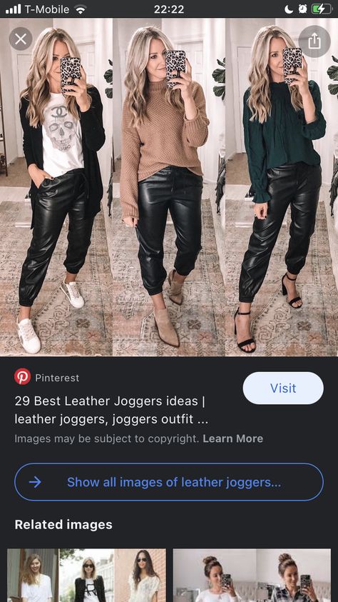 Leather Jogger Pants Outfit Winter, Faux Leather Jogger Pants Outfit, Faux Leather Joggers Outfit Winter, Styling Leather Jogger Pants, Vegan Leather Joggers Outfit, Faux Leather Jogger Outfit, Faux Leather Paper Bag Pants Outfit, Outfits With Leather Joggers, What To Wear With Faux Leather Joggers