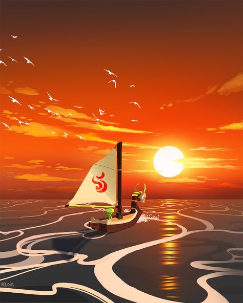 Wind waker Sunset by kloir on DeviantArt Haki One Piece, Sunset Sailing, The Wind Waker, Linocut Printmaking, Wind Waker, Zelda Art, Ocarina Of Time, Sunset Wallpaper, Video Game Art