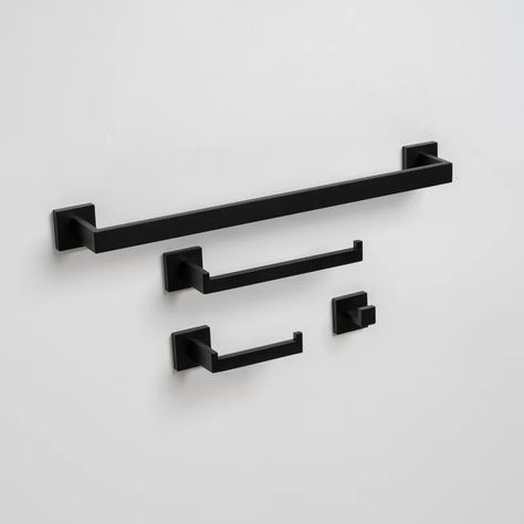 Linkaa 4 - Piece Bathroom Hardware Set | Wayfair.ca Mans Bathroom, Bathroom Sets Bath Accessories, Matte Black Bathroom Accessories, Bathroom Organizers, Wall Mounted Bathroom Storage, Hanging Bedroom, Black Bathroom Accessories, Wall Mounted Hooks, Shelves Wall