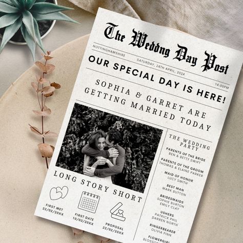 I have created this Stunning & Unique Wedding Program in a Newspaper style to wow your guests!

The product has four sides which includes, Order of The Day, The Newlyweds story, special mentions and a super cute word search to keep your guests entertained!

This is a fully editable template via Canva!

Sizing is A4 Wedding Post Newspaper, The Wedding Post, The Wedding Post Newspaper, Wedding Day Post Newspaper, Save The Day Ideas, Wedding Newspaper Ideas, Wedding Day Post, Newspaper Wedding Announcement, Wedding Newspaper Template