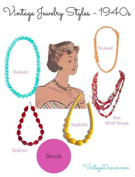 1940s Jewelry Styles: colorful large bead necklaces. Shop VintageDancer.com Necklaces Shop, Mode Rockabilly, 1940s Jewelry, Jewelry Style Guide, Large Bead Necklace, Vintage Jewlery, Walmart Jewelry, Jewelry Styles, Trending Necklaces