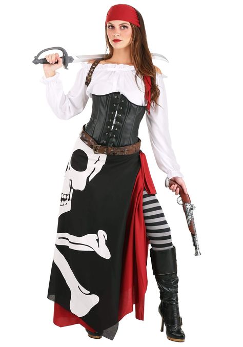 PRICES MAY VARY. Elastic,Polyester PRODUCT INCLUDES: This Jolly Roger Flag Pirate Costume comes with a blouse, corset, skirt with underskirt, leggings, scarf, belt, and harness. FROM THE FUN COMPANY: Pirates are one of the top costume themes which is exactly why we made this exclusive Women's Plus Size Pirate Flag Costume. This detailed ensemble is artfully and expertly crafted by our own team of artists and designers. DETAILS THAT MATTER: Pirate costumes are a staple of Halloween parties but th Diy Karneval, Pirate Costume Diy, Jolly Roger Flag, Female Pirate Costume, Women Skeleton, Pirate Halloween Costumes, Pirate Outfit, Pirate Halloween, Dream Cruise