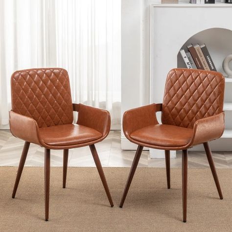 Corrigan Studio® Kopelynn Modern Upholstered Dining Room Chair & Reviews | Wayfair Orange Dining Room Chairs, Walnut Wood Kitchen, Dining Chairs Leather, Metal Dining Room, Leather Dining Chairs Modern, Kitchen Goals, Dining Room Chairs Upholstered, Faux Leather Chair, Midcentury Modern Dining Chairs