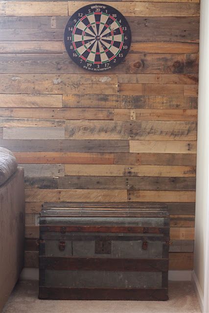 honeysuckle: pallet accent wall Barn Board Wall, Pallet Accent Wall, Dart Board Wall, Wood Walls, Wood Pallet Wall, Head Board, Interior Products, Board Wall, Recycled Pallet