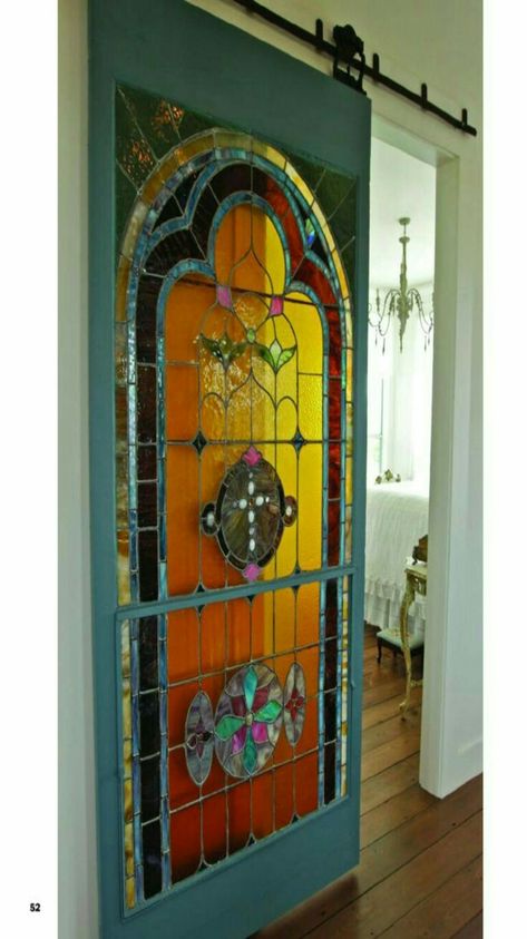 Colorfull cross stained glass sliding door. Houston Houses, Stained Glass Door, Glass Barn Doors, Interior Barn Doors, Unique Doors, Beautiful Doors, Barn Doors Sliding, Stained Glass Mosaic, Leaded Glass