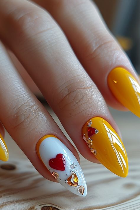 Valentines Day Nails 2024 Yellow Valentine Nails, Red And Yellow Nails, Nail Valentine, Nail Tattoos, Smart Nails, Neat Nails, Valentines Day Nails, Beauty Hacks Nails, Stunning Nail Designs