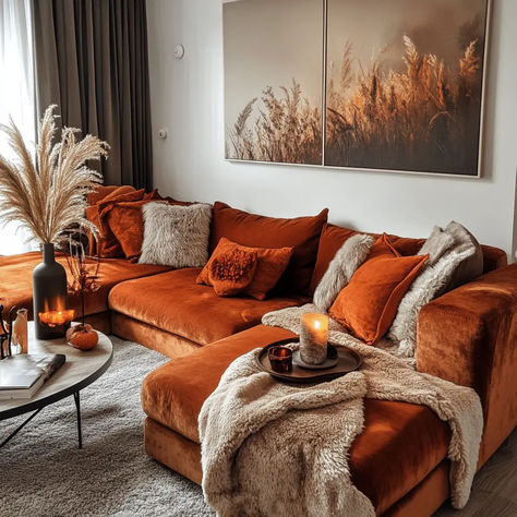 Cosy Living Room Ideas Warm, Living Room Decor Gray Couch, Fall Aesthetic Living Room, Simple Fall Decor Living Room, Fall Living Room Decorations, Mantle Decor Simple, Fall Living Room Decor Warm Colors, Green And Orange Living Room, Farmhouse Fall Decor Living Room