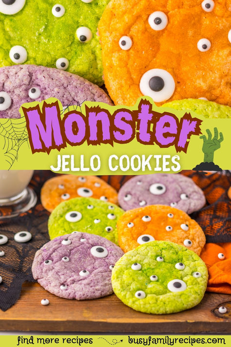 Monster Jello Cookies are an easy and kid-friendly treat to make for Halloween! Halloween Jello For Kids, Jello For Kids, Time Monster, Jello Cookies, Halloween Jello, Orange Jello, Food Coloring, 15 Minutes, Kid Friendly